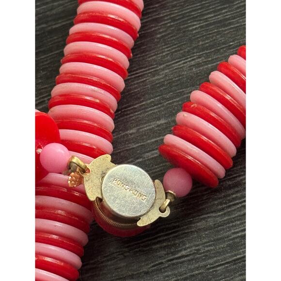 VTG Signed Hong Kong Pink Beaded Statement Necklace Clip On Earring Matching Set - Picture 4 of 7